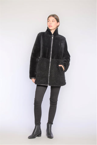 REVERSIBLE SHEARLING CITY PARKA in Black with Stand Collar