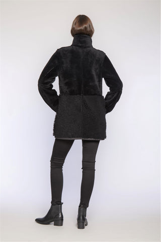 Back View of REVERSIBLE SHEARLING CITY PARKA in Black with Stand Collar
