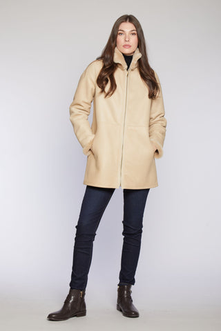 REVERSIBLE SHEARLING CITY PARKA in Beige with Stand Collar