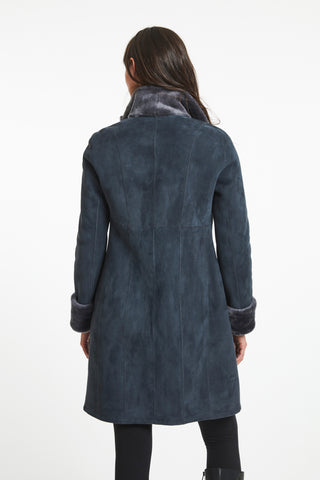 Back view of Great Fitted Shearling Coat in Charcoal