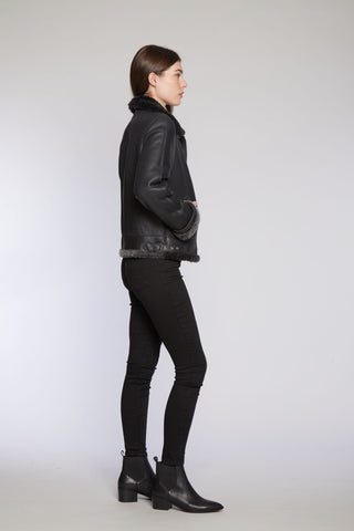 Side View of GENUINE SHEARLING FLIGHT JACKET styling in the softest Napa and lightly textured shearling