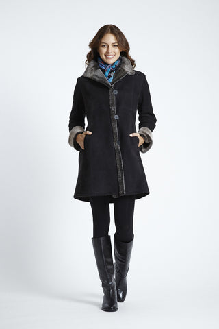 Fitted Stand Collar Shearling Coat with Model shot