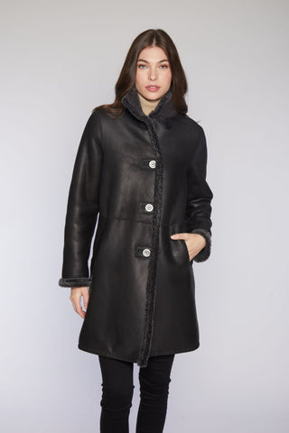 REVERSIBLE SHEARLING COAT REVERSES TO SOFT NAPPA SHEARLING in Black with Stand Collar
