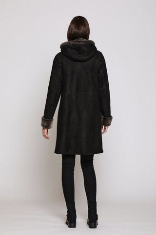 Back View of EASY BODY REVERSIBLE SHEARLING WITH HOOD in Black Napa