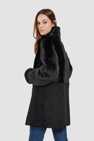 Back View of Reversible Shearling Topper in Black with Double fur stand collar