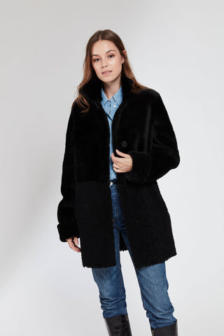 Reversible Shearling Topper in Black with Double fur stand collar