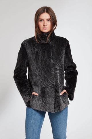 REVERSIBLE SHEARLING JACKET in Black Curly with Stand Collar