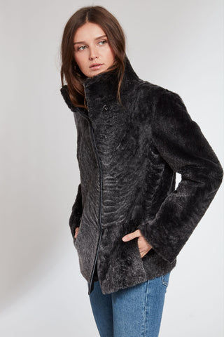REVERSIBLE SHEARLING JACKET in Black Curly with Stand Collar