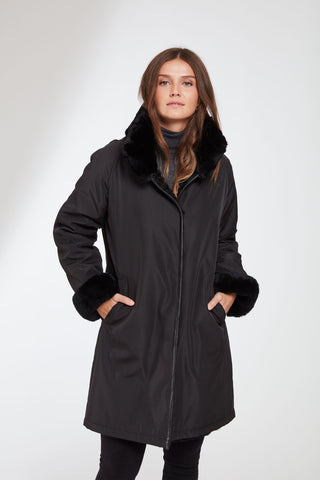 Water resistant Storm Coat Reverses to Layered Sheared Rabbit in Black with Rex collar and Cuffs