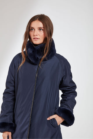 Water resistant Storm Coat Reverses to Layered Sheared Rabbit in Navy with Rex collar and Cuffs