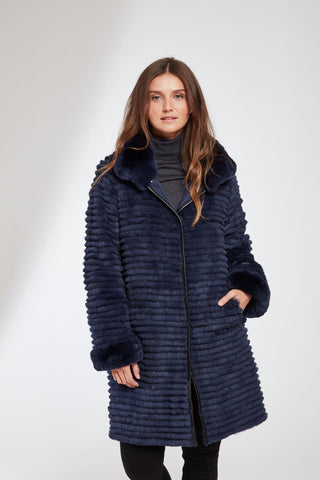Water resistant Storm Coat Reverses to Layered Sheared Rabbit in Navy with Rex collar and Cuffs