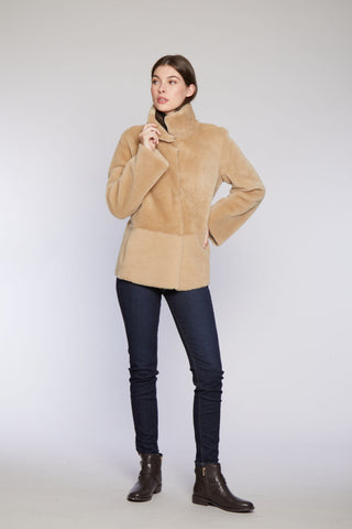 REVERSIBLE SHEARLING JACKET SHEARLING in Beige with Double Fur Stand Collar