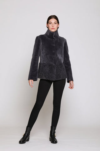 REVERSIBLE SHEARLING JACKET SHEARLING in Granite with Double Fur Stand Collar