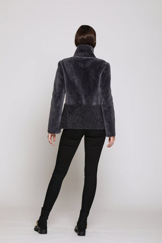 Back View of REVERSIBLE SHEARLING JACKET SHEARLING in Granite with Double Fur Stand Collar