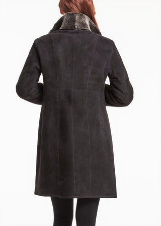 Back View of FITTED REVERSIBLE SPANISH MERINO SHEARLING COAT in Soft Black