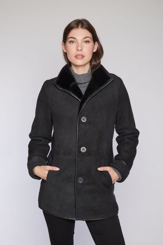 Reversible Merino Shearling Jacket with in Black Stand Collar