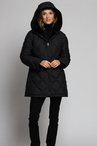 QUILTED GOOSE DOWN REVERSE TO LAYERED SHEARED RABBIT in Black with Cozy Hood on