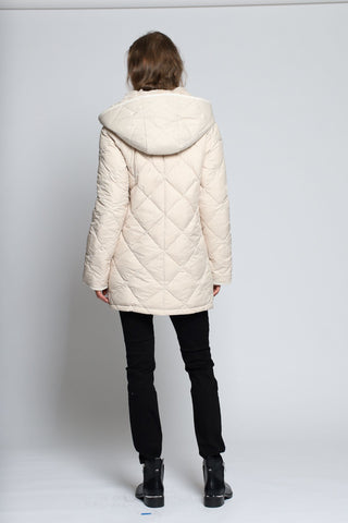 Back View of QUILTED GOOSE DOWN REVERSE TO LAYERED SHEARED RABBIT in Beige with Cozy Hood