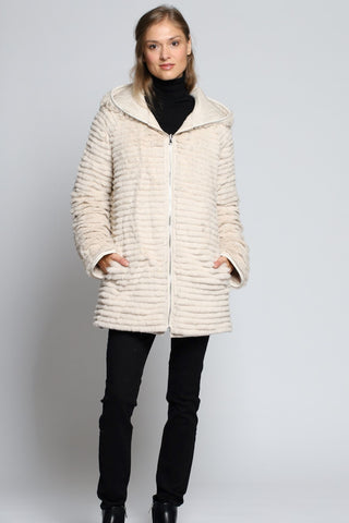 Other size of QUILTED GOOSE DOWN REVERSE TO LAYERED SHEARED RABBIT in Beige with Cozy Hood