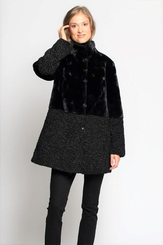 MULTI TEXTURE FAUX FUR TOPPER in Black with Stand Collar