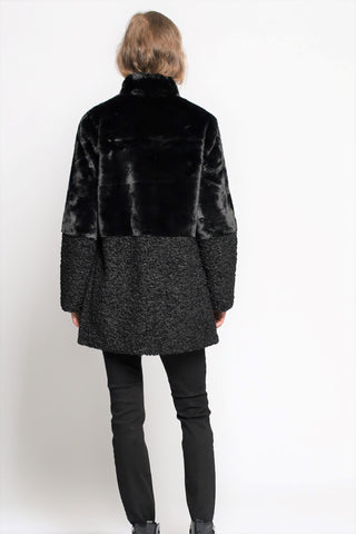 Back View of MULTI TEXTURE FAUX FUR TOPPER in Black with Stand Collar