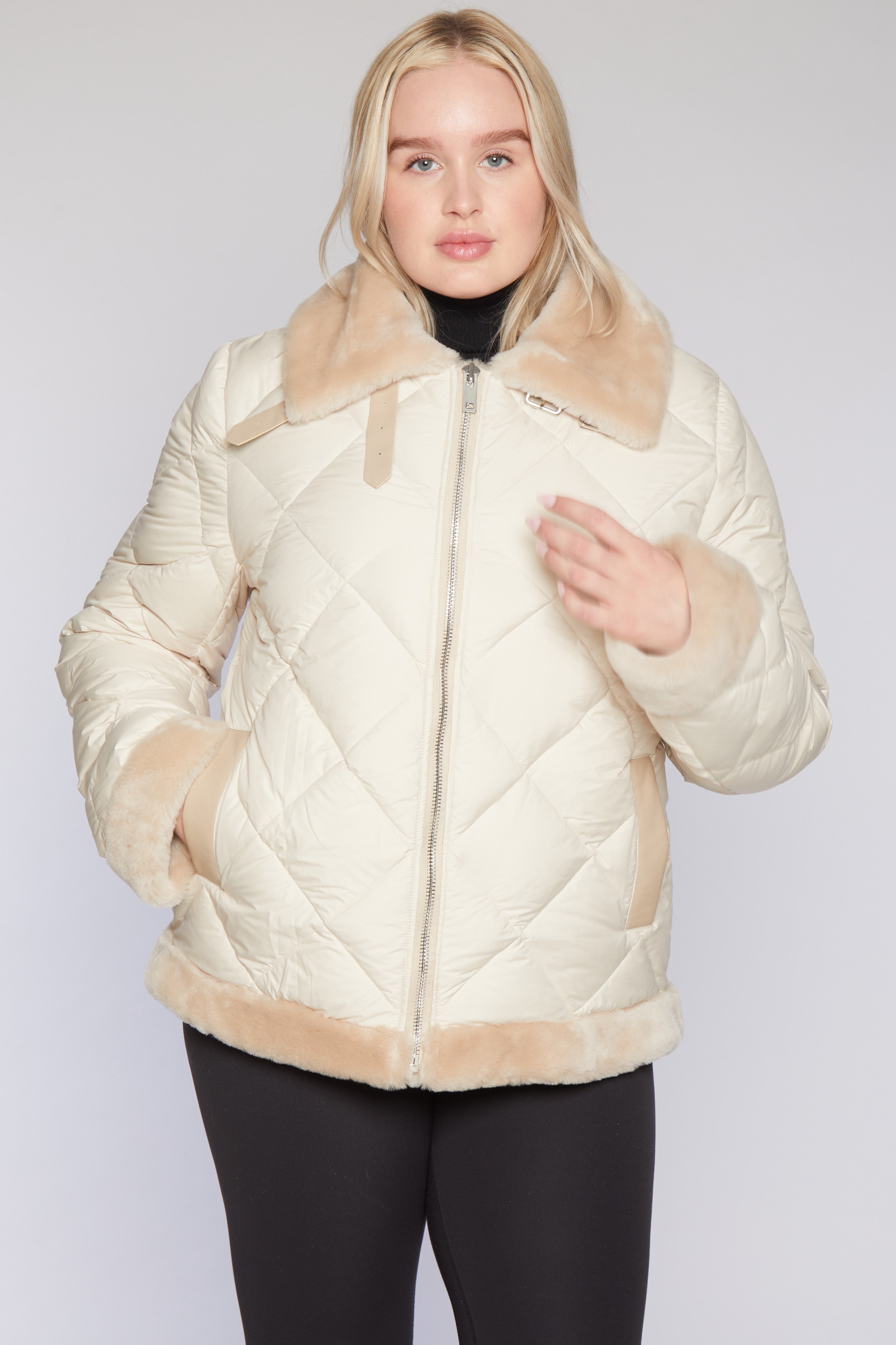 Quilted Puffer Flite Jacket Trimmed in Flocked Lamb
