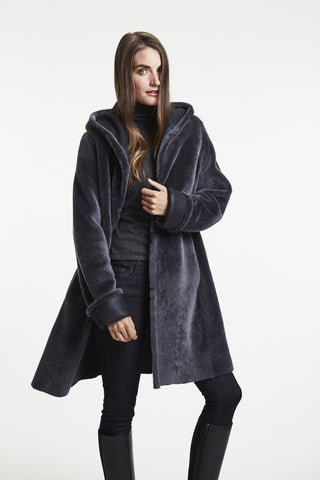 Hooded Reversible Shearling Coat Shown In Granite Nappa with Cozy hood